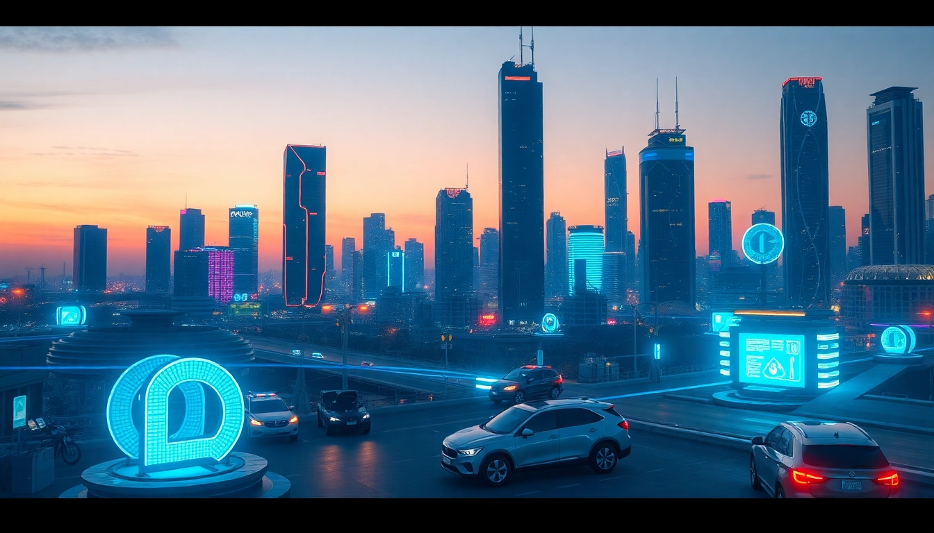 Integrate technology into a vibrant futuristic cityscape featuring neon lights and autonomous vehicles.
