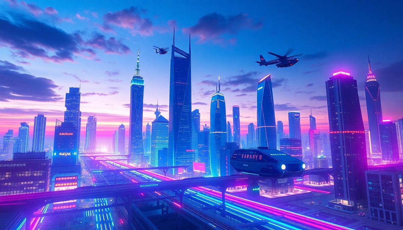 Innovative technology cityscape featuring neon lights and futuristic architecture.