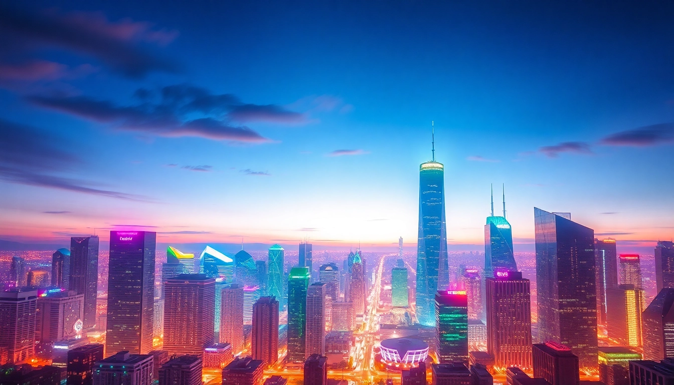 A vibrant cityscape highlighting innovative technology and sustainable designs at twilight.