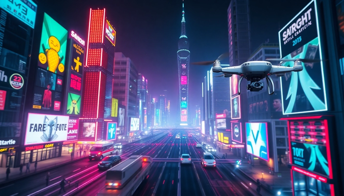 Showcase of technology in a futuristic city with neon lights and advanced digital displays.