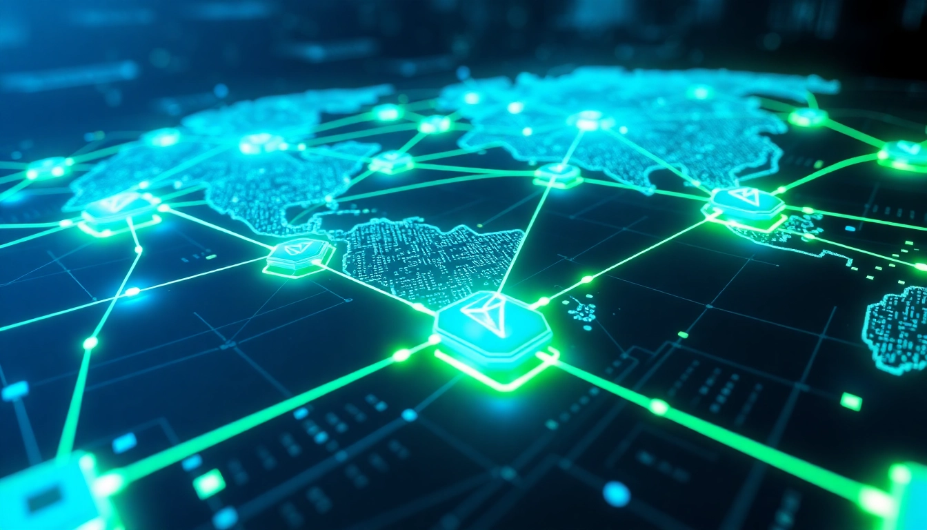 Visual representing tron energy on a blockchain network, depicting secure energy transfer, digital nodes, and data streams for integrated blockchain services.
