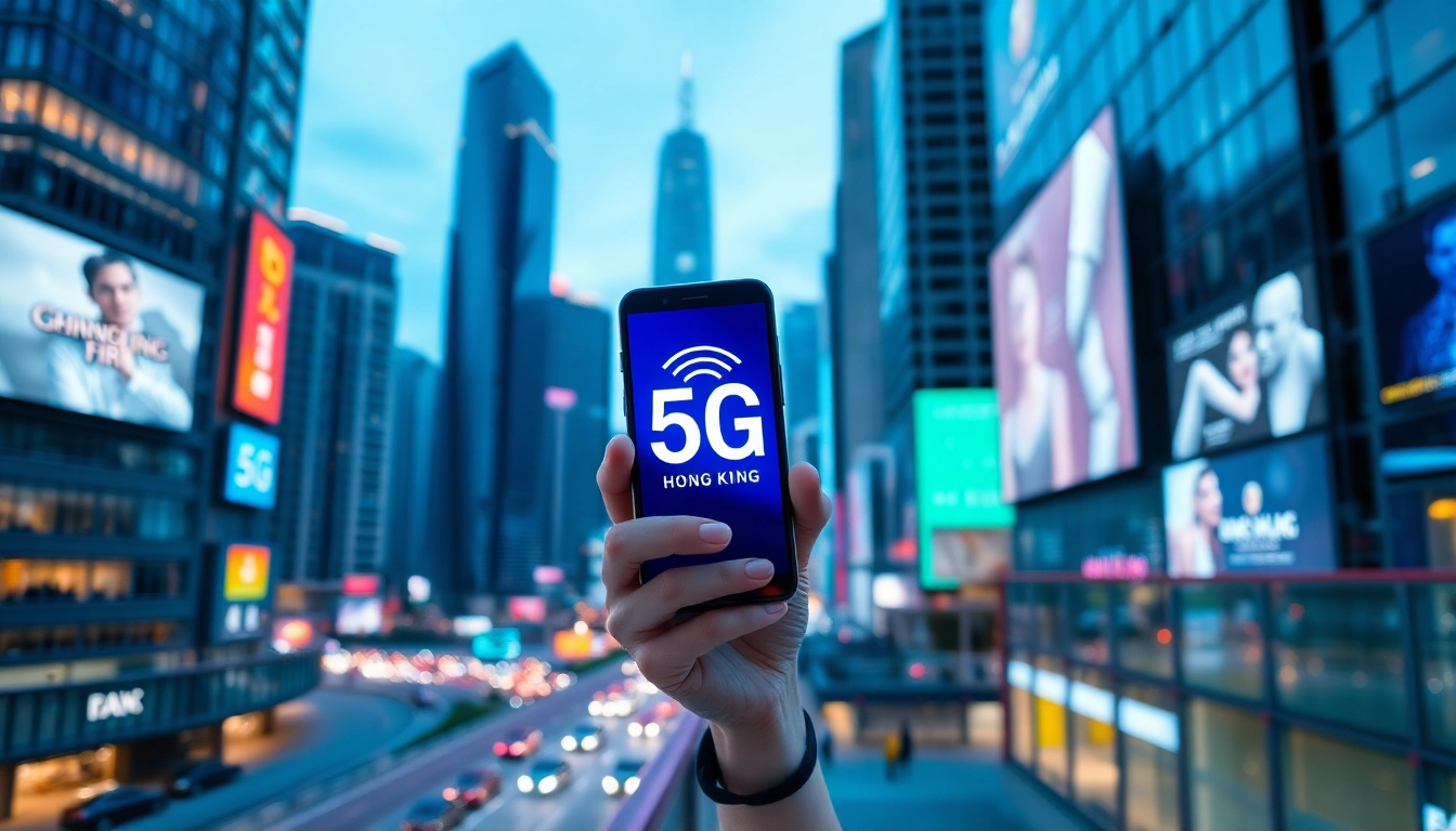 香港繁忙城市夜景，前景為手持手機的年輕專業人士，手機顯示5G信號圖示，背景為霓虹燈牌和高樓大廈，彰顯科技與連接的未來感。