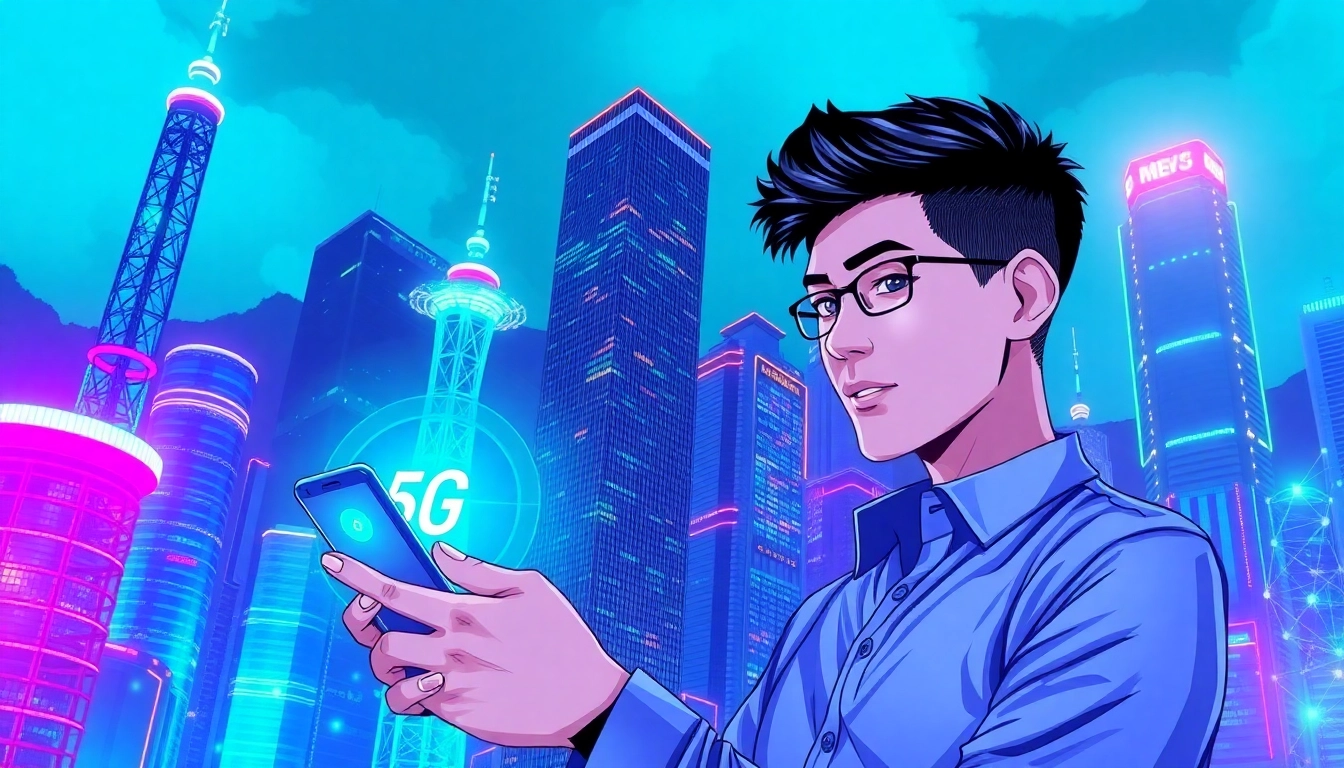 香港夜景中的通信塔與5G訊號，展示科技連接的未來感