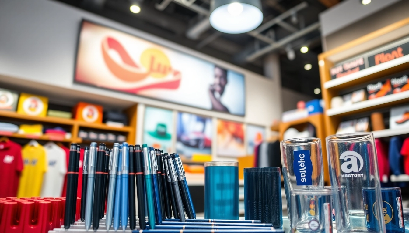 Showcase of promotional products in Louisville including branded pens, drinkware, and apparel arranged on a sleek display table for business branding.