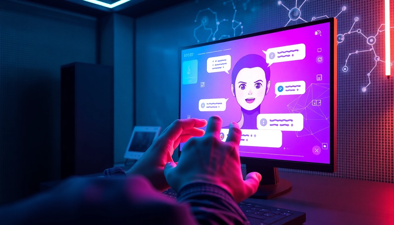 A futuristic AI chat interface with an animated character on a high-tech screen, glowing neon lights, and a modern workspace environment.