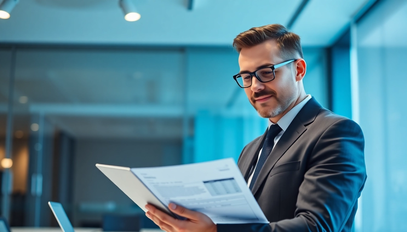 Business loan approval process with a confident entrepreneur using a tablet in a professional office setting.