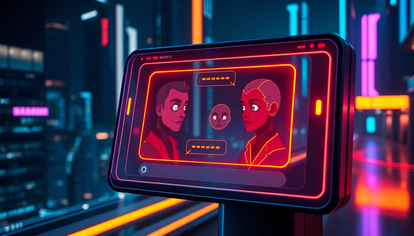 Futuristic digital chat interface with neon accents and AI avatars in a cyberpunk cityscape