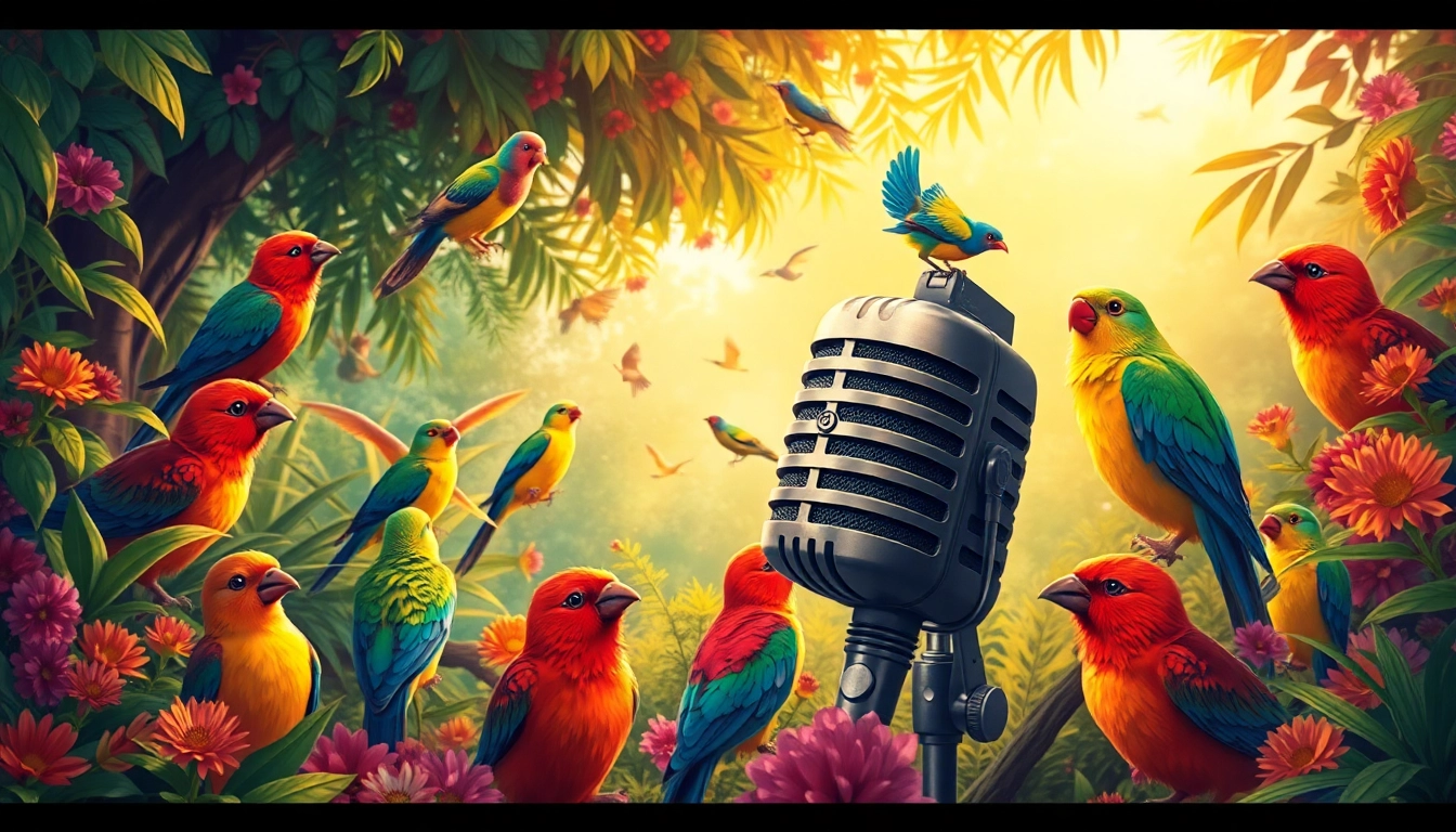 Bird Talk Radio hosts engaging with animated birds on air, representing lively natural conversations about wild birds and birding.