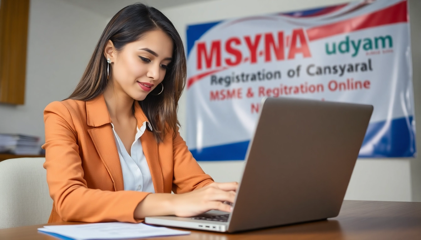 The image shows a businesswoman completing the Udyam registration online, highlighting MSME formalities and digital documentation process for entrepreneurs.
