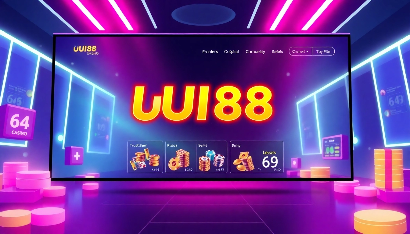 Trustworthy online casino platform with the UU88 logo, vibrant neon aesthetic, and engaging interface elements, promoting secure gaming experiences.