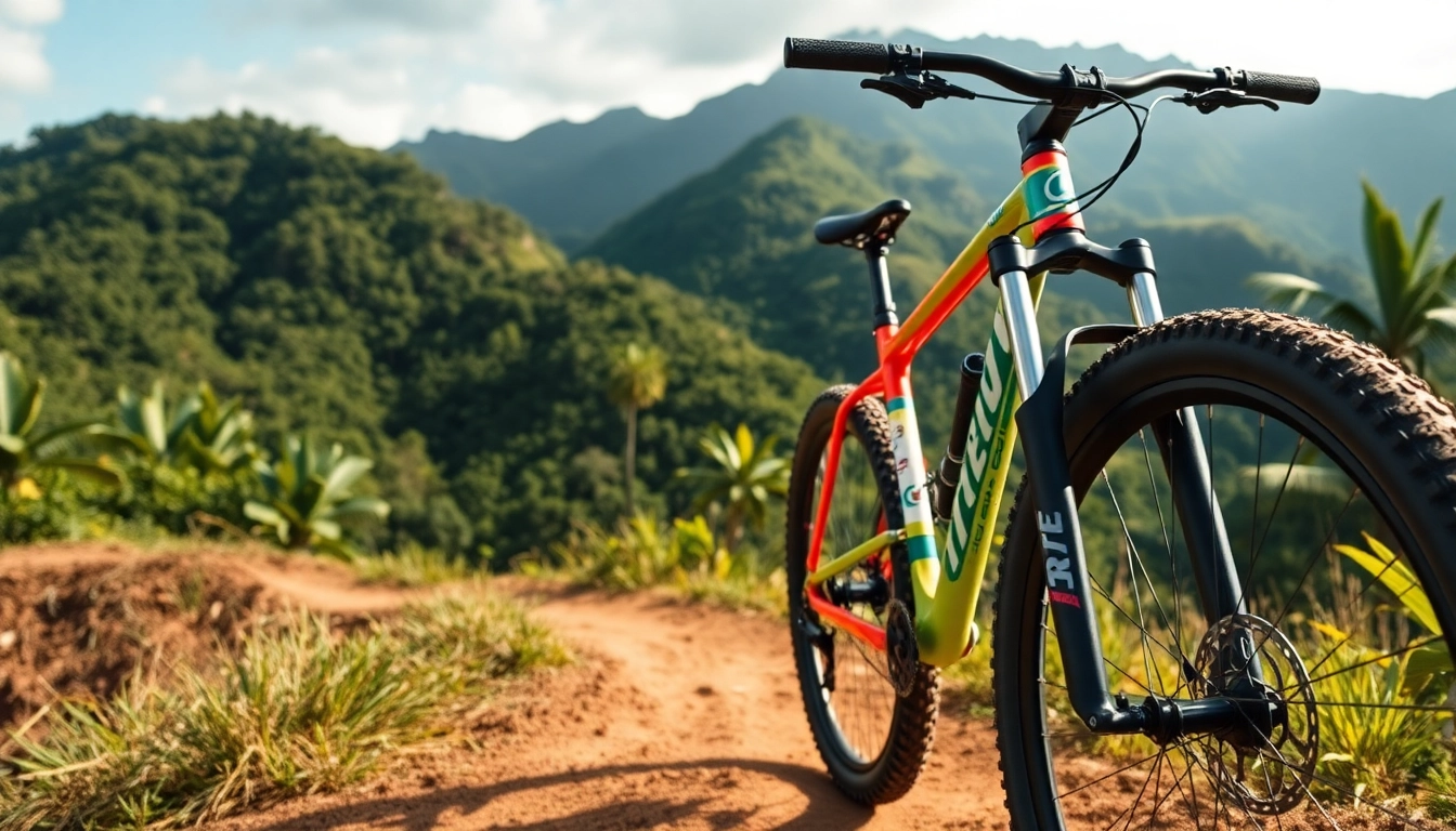 Trek mountain bike on a tropical forest trail, emphasizing adventure and outdoor cycling experiences in Indonesia.