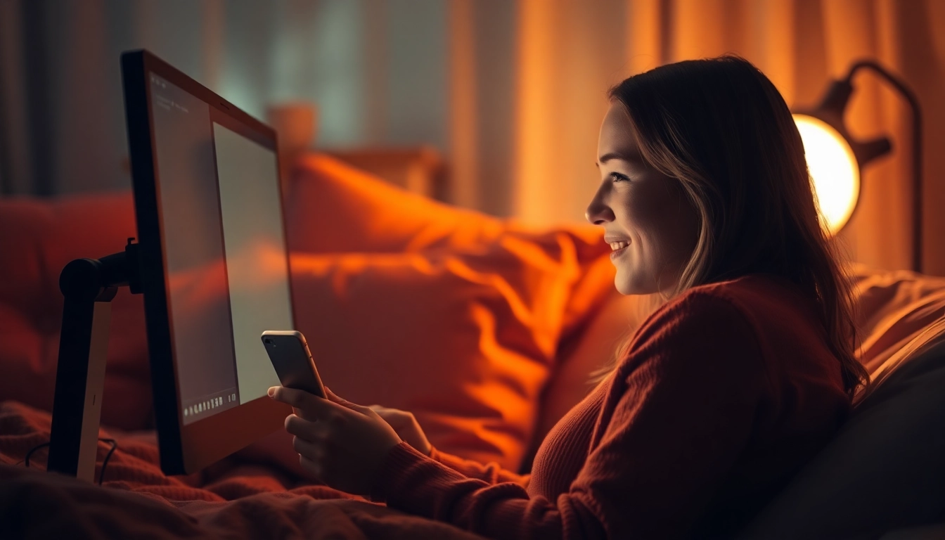 A person enjoying a cozy chat with an AI chatbot in a warm, inviting room.