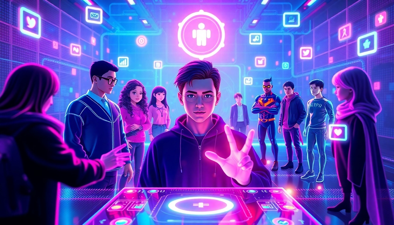 An immersive digital scene showing AI characters from fandoms interacting with a user in a futuristic social media environment.