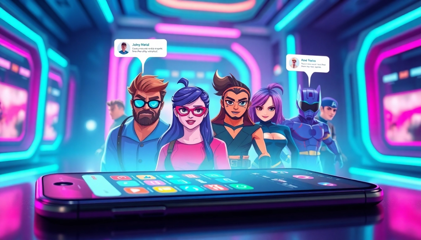 Colorful digital illustration of virtual social media profiles with fandom characters and dynamic interface elements.