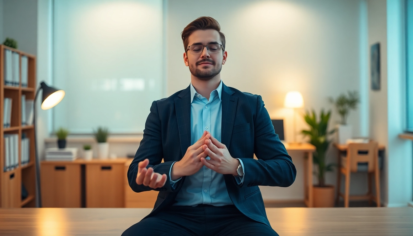 Burnout come prevenirlo: person practicing mindfulness in a serene office setting to reduce stress effectively.