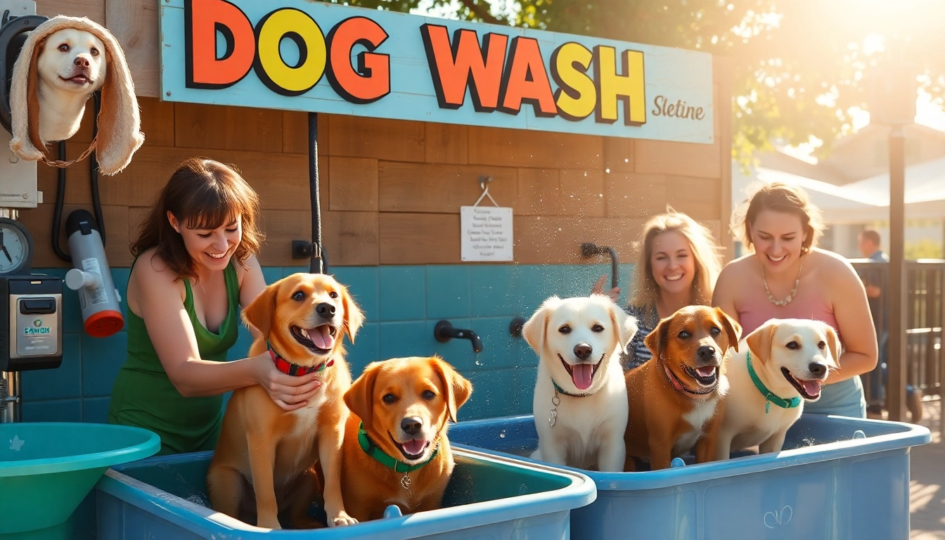 Find a dog wash near me where pets enjoy bathing in a sunny, vibrant outdoor station.