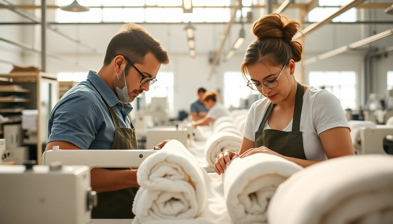 Elegant photograph of a towels manufacturer in Australia showcasing skilled workers and quality fabrics, highlighting craftsmanship and local expertise in towel production.