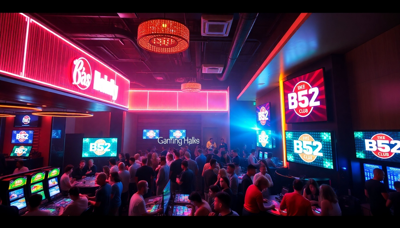 B52 club illuminated at night with lively crowd and gaming tables, capturing an exciting nightlife vibe