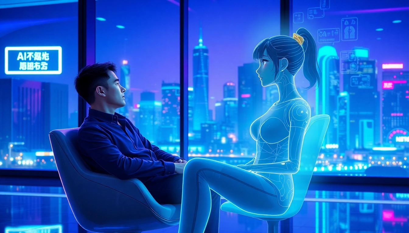 Futuristic scene of a man interacting with a glowing AI hologram of a girl in a modern, cyberpunk environment.
