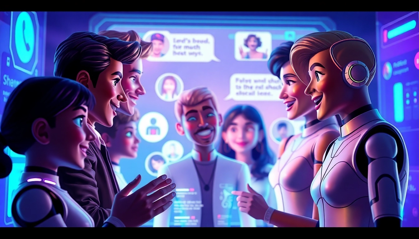 Digital illustration of customizable AI characters in a futuristic chat environment with glowing holographic elements.