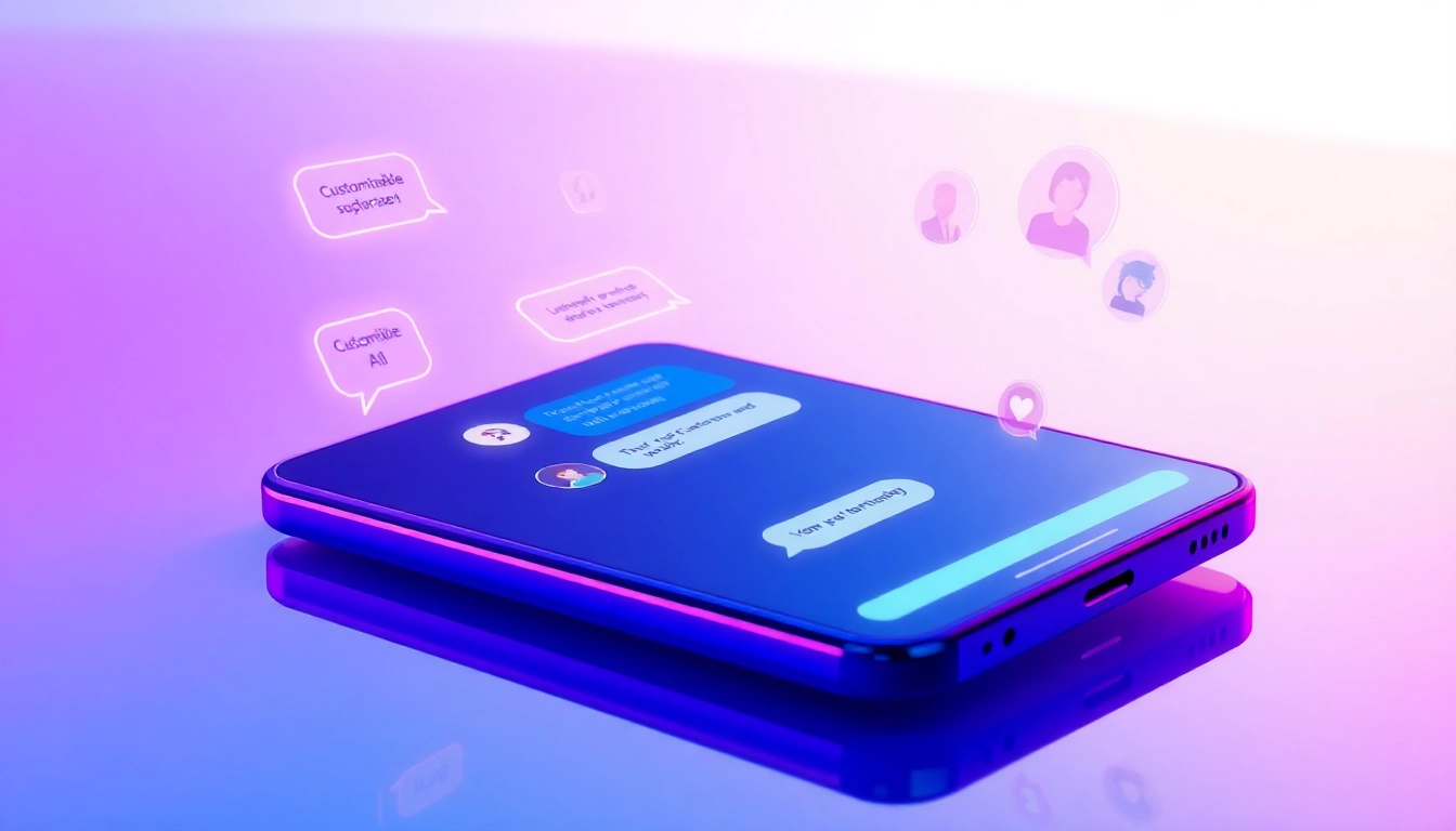 Futuristic smartphone displaying a lively chat with a customizable AI character, surrounded by neon holographic elements.