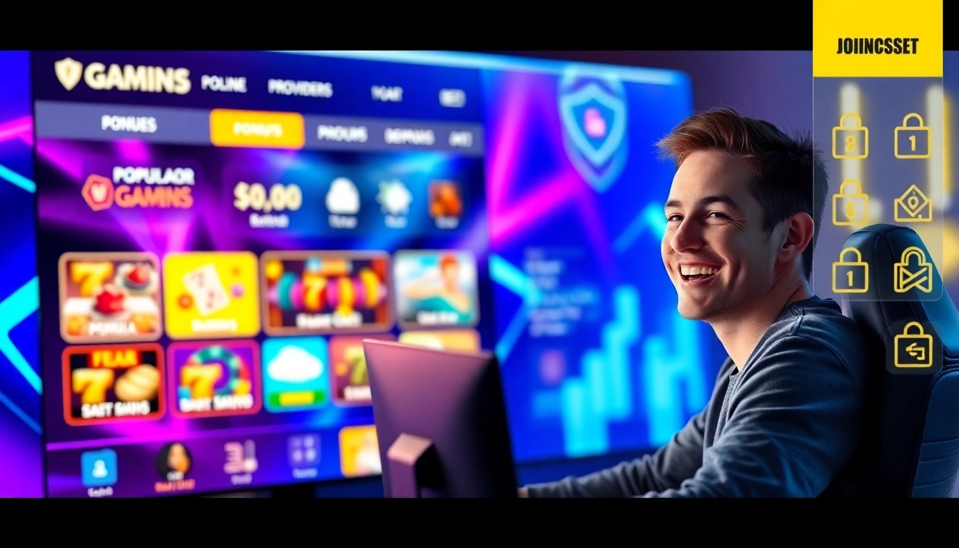 An illustration of an online gaming setup with vibrant neon lights, a gamer playing confidently, and promotional banners in the background.