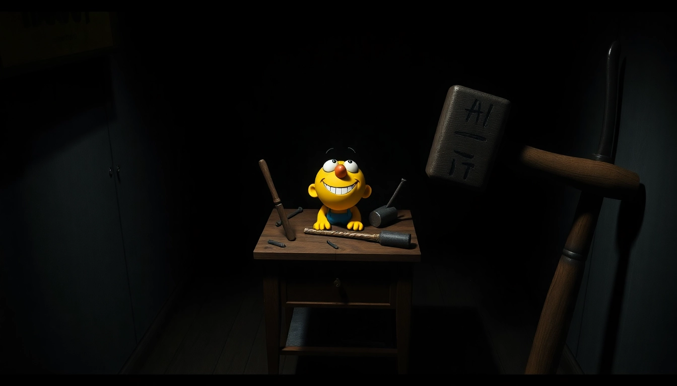 A disturbing scene of Harvey, a cheerful cartoon character, in a dark room with violent tools surrounding him, showing a shift from innocence to suffering.