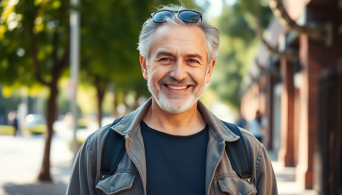 Attractive mature man standing outdoors in natural light, smiling confidently