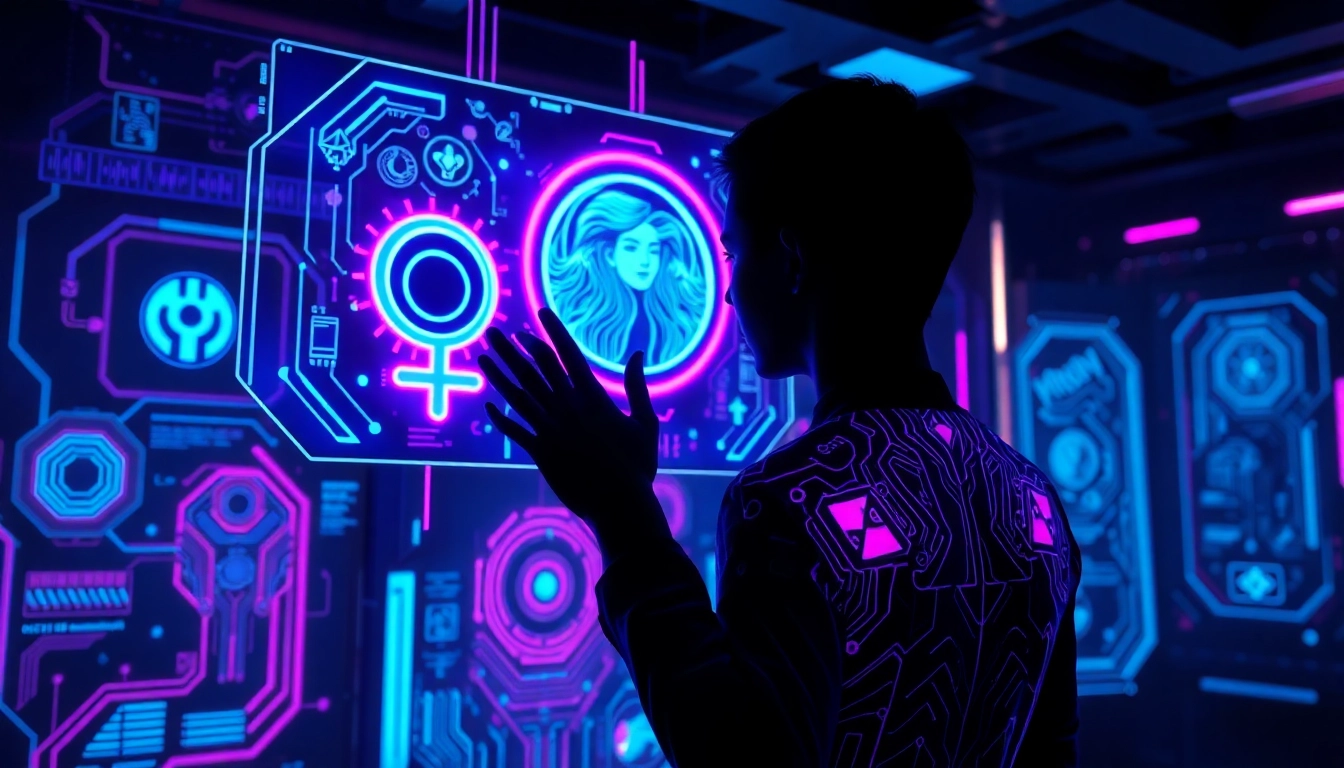 Futuristic scene of a person interacting with a holographic AI interface featuring femdom themes and neon lighting.