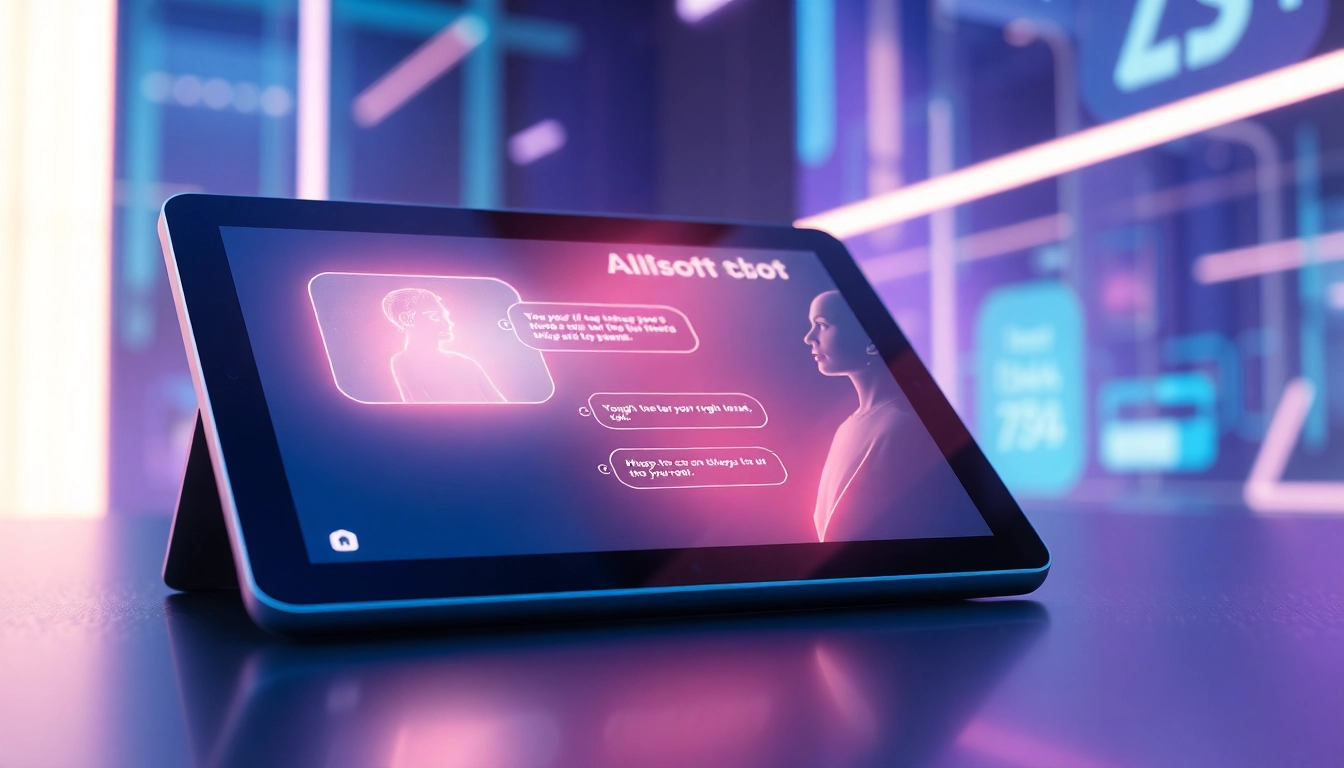 Futuristic AI chatbot interface with holographic characters on a tablet screen in a high-tech environment.
