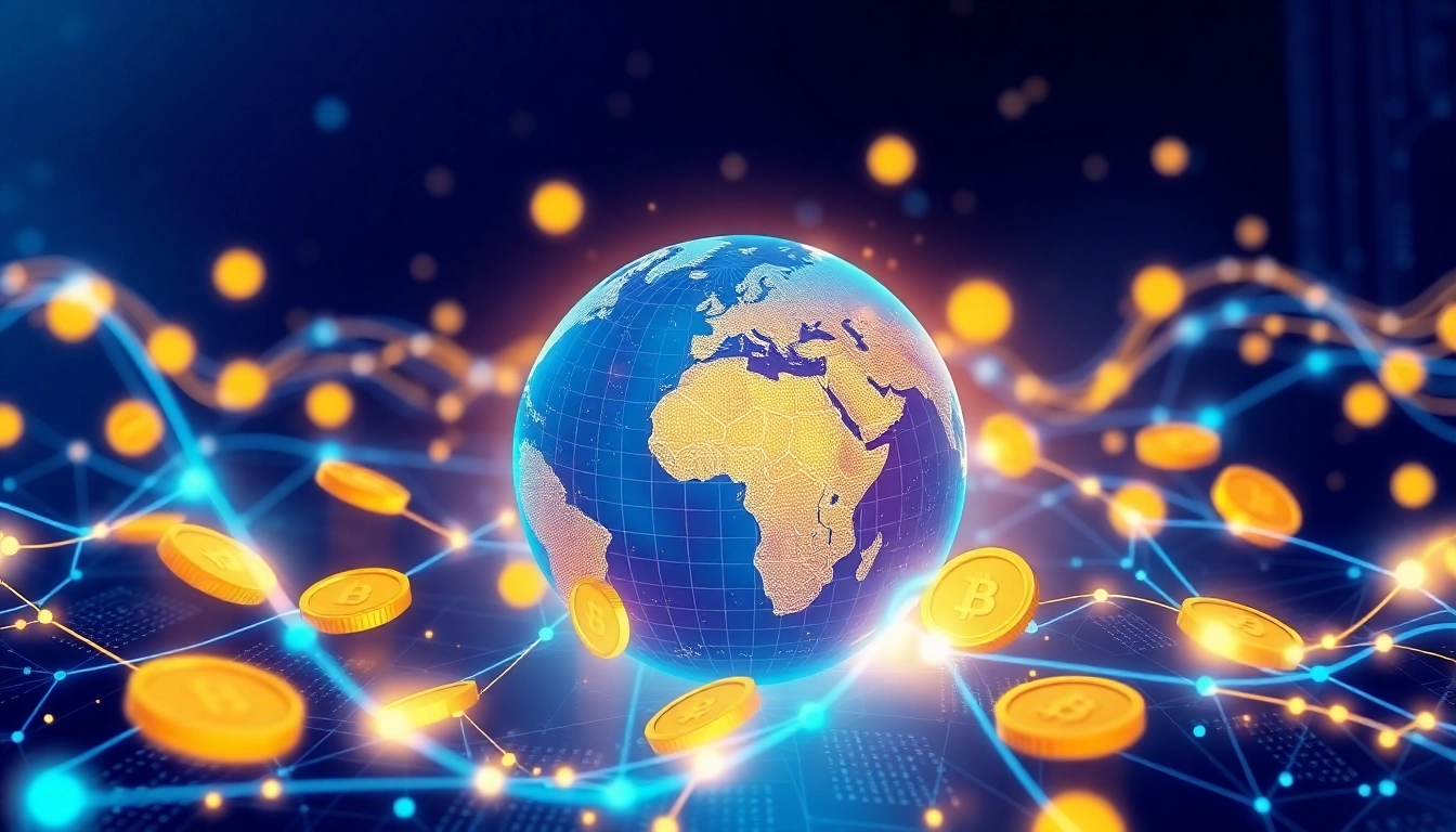 Crypto market analysis showing cryptocurrency coins and blockchain digital network,