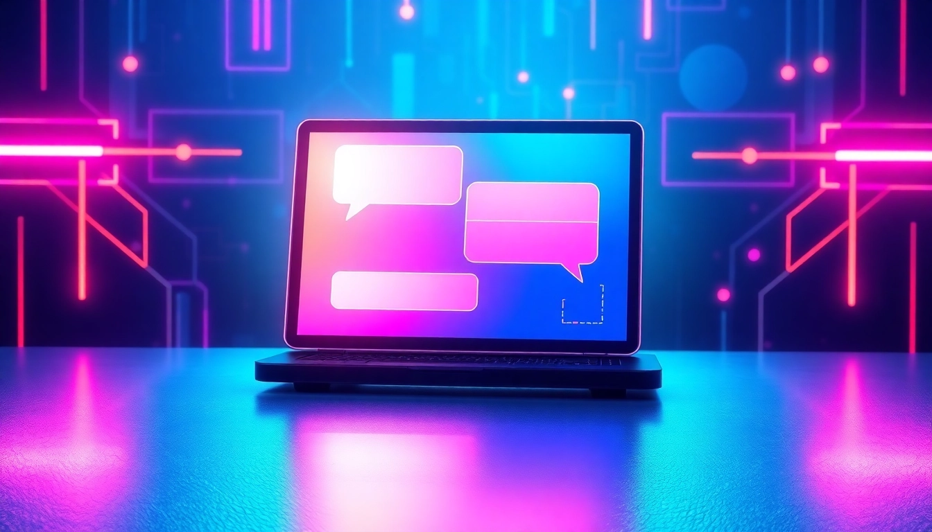 Futuristic AI chatbot interface with glowing chat bubbles and digital neural network elements.