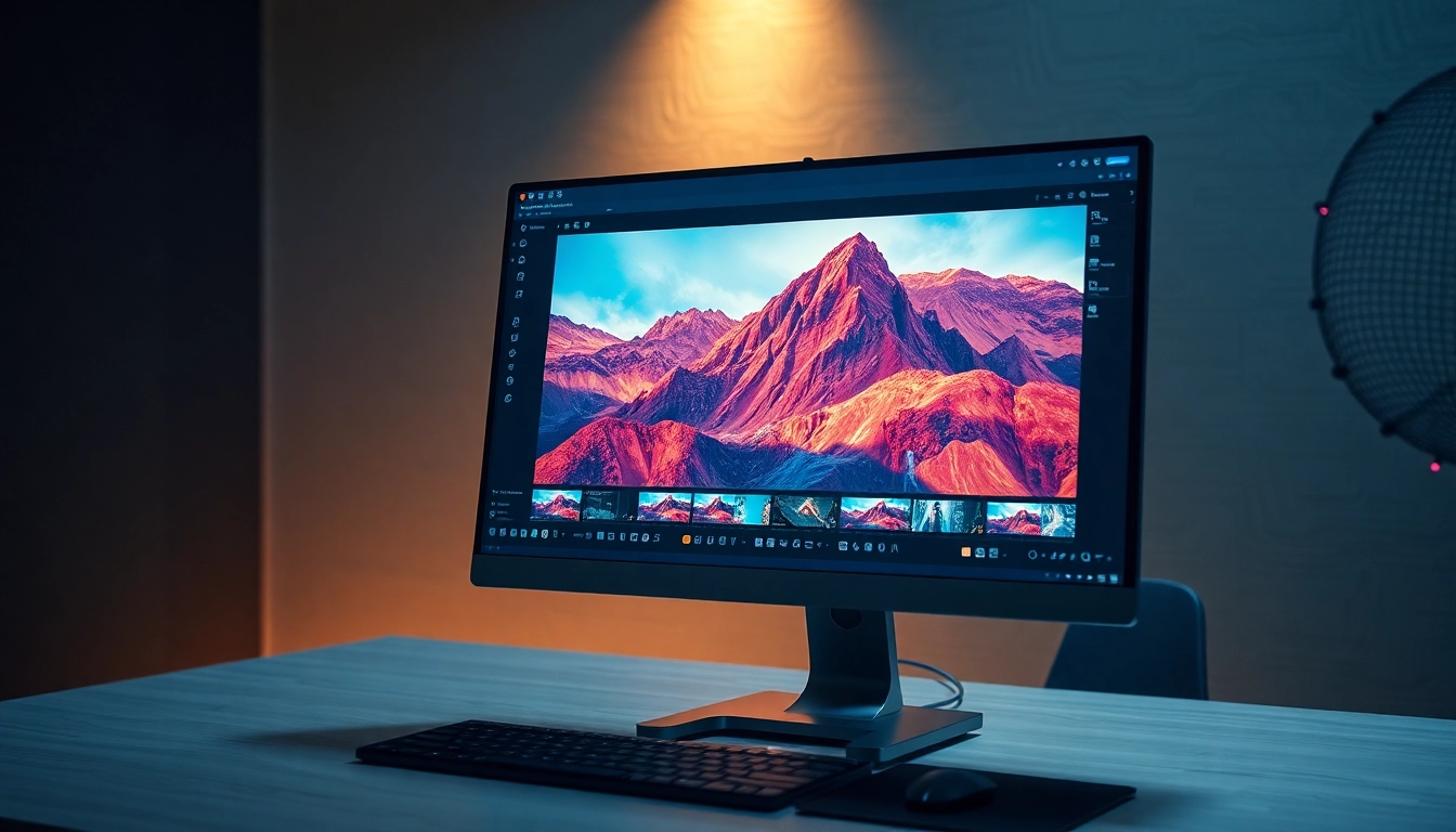 A modern workspace with a computer screen showing advanced AI image editing in action, highlighting vibrant visuals and detailed overlays.