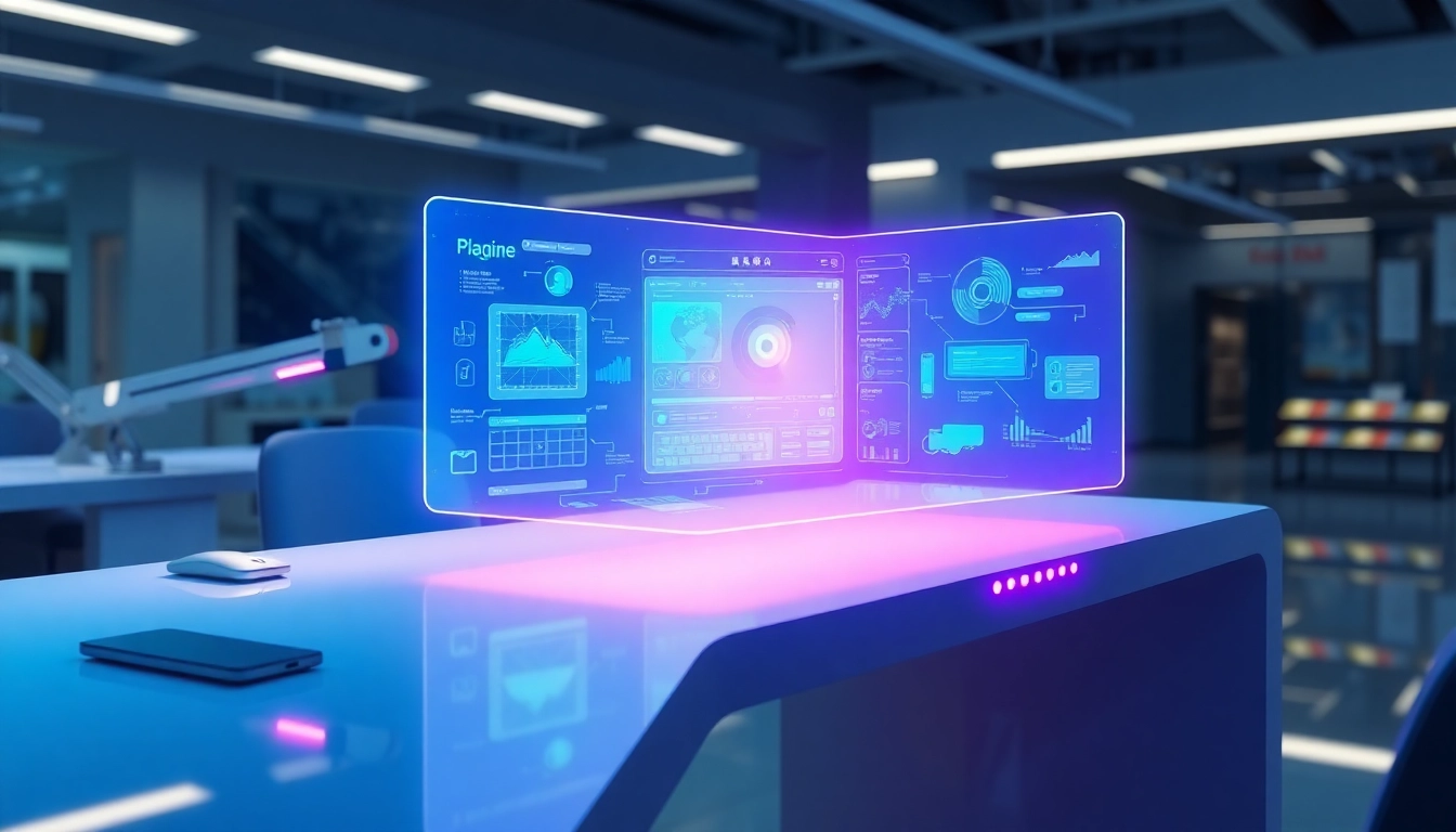 Futuristic AI interface with holographic image editing tools in a modern workspace