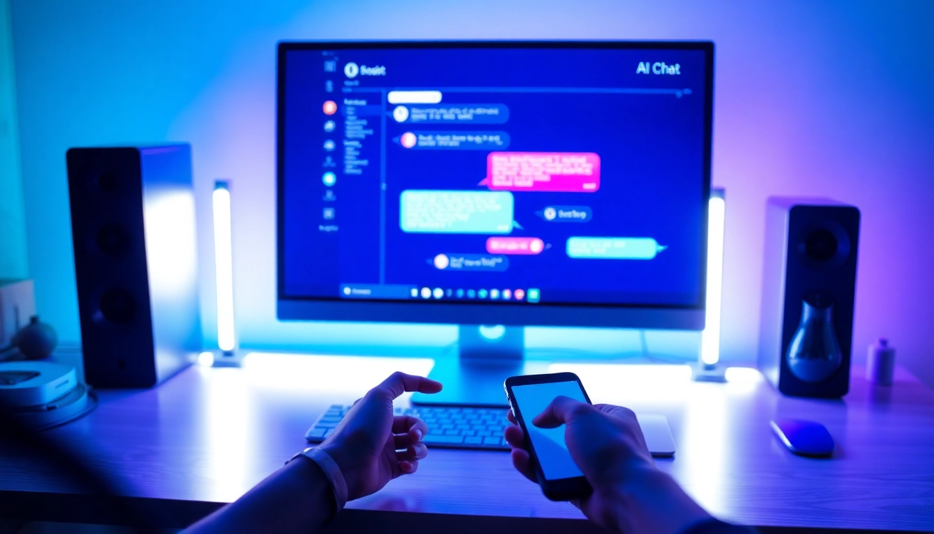 A user interacts with an AI chatbot on a computer and smartphone in a modern workspace with blue and purple lighting.
