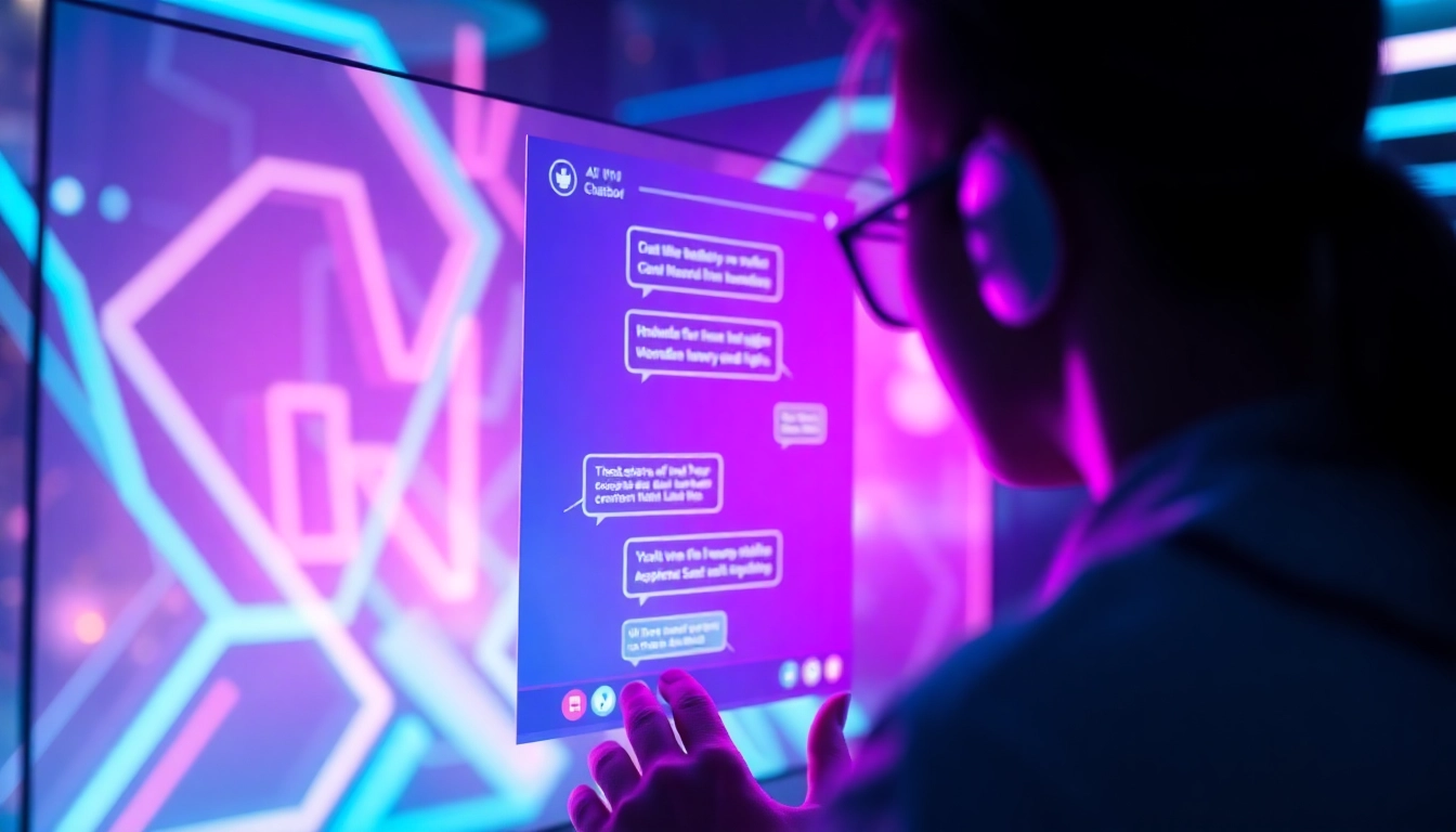 Digital chatbot interface with neon colors and futuristic background