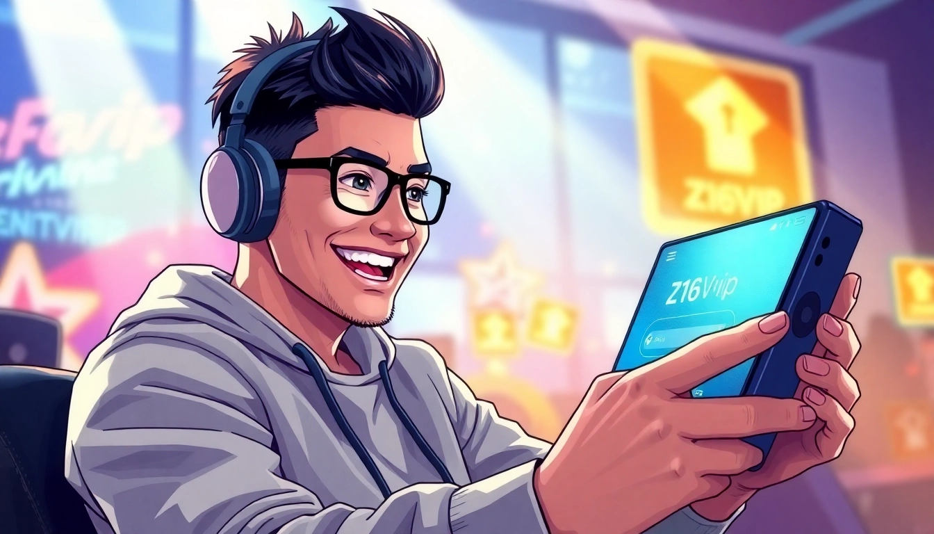 Z16vip brand logo with a user enjoying fast secure online gaming experience on mobile