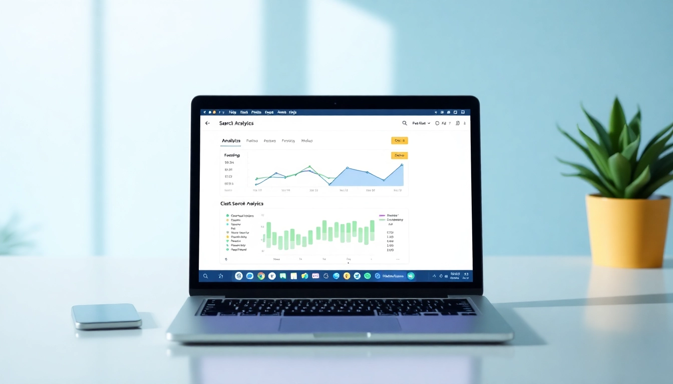 The daily Search Blog offers insights into search trends, featuring a sleek workspace with analytics dashboards displayed on a laptop.