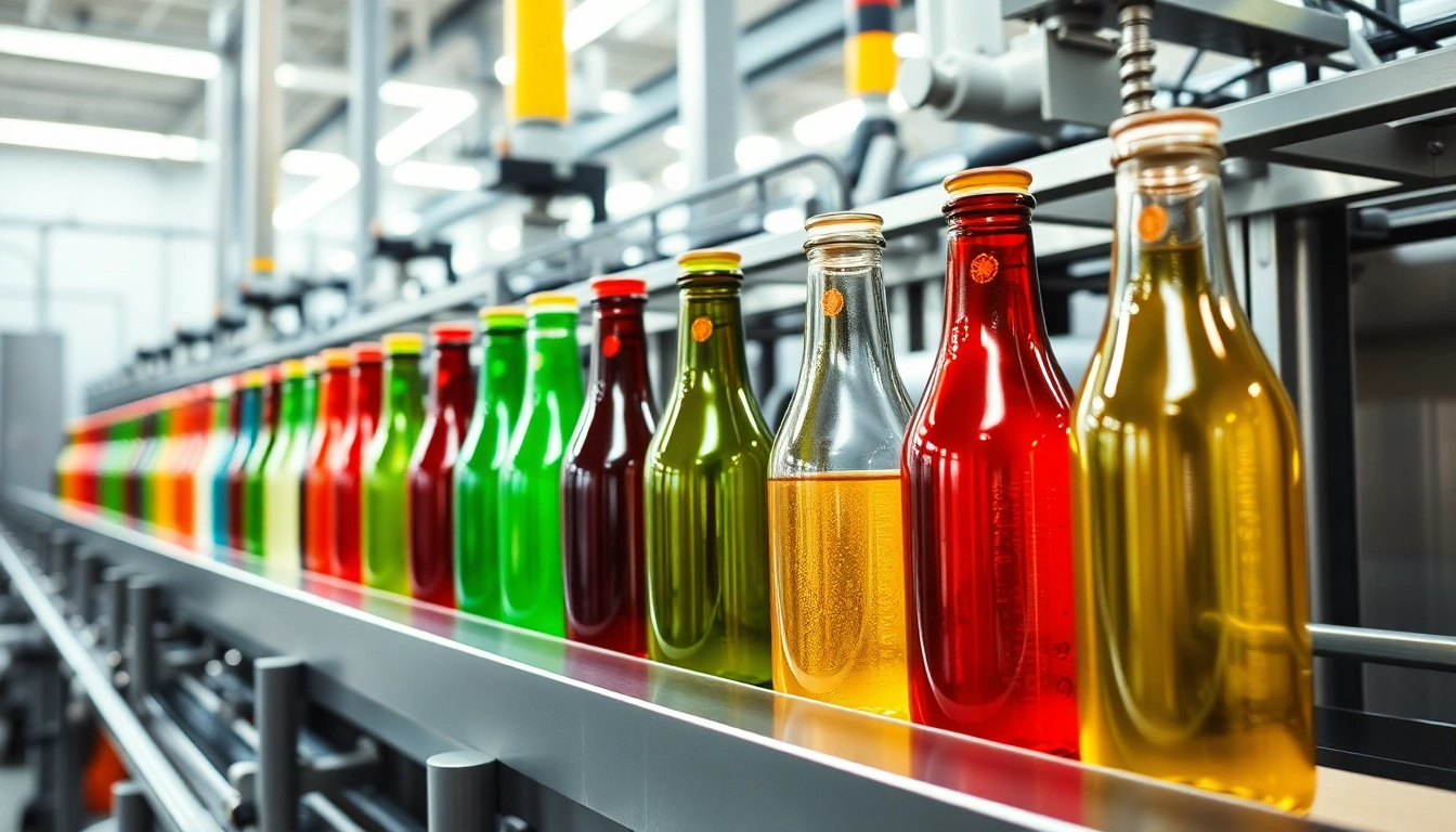 High-quality image of a pet sise production line with colorful bottles and advanced machinery