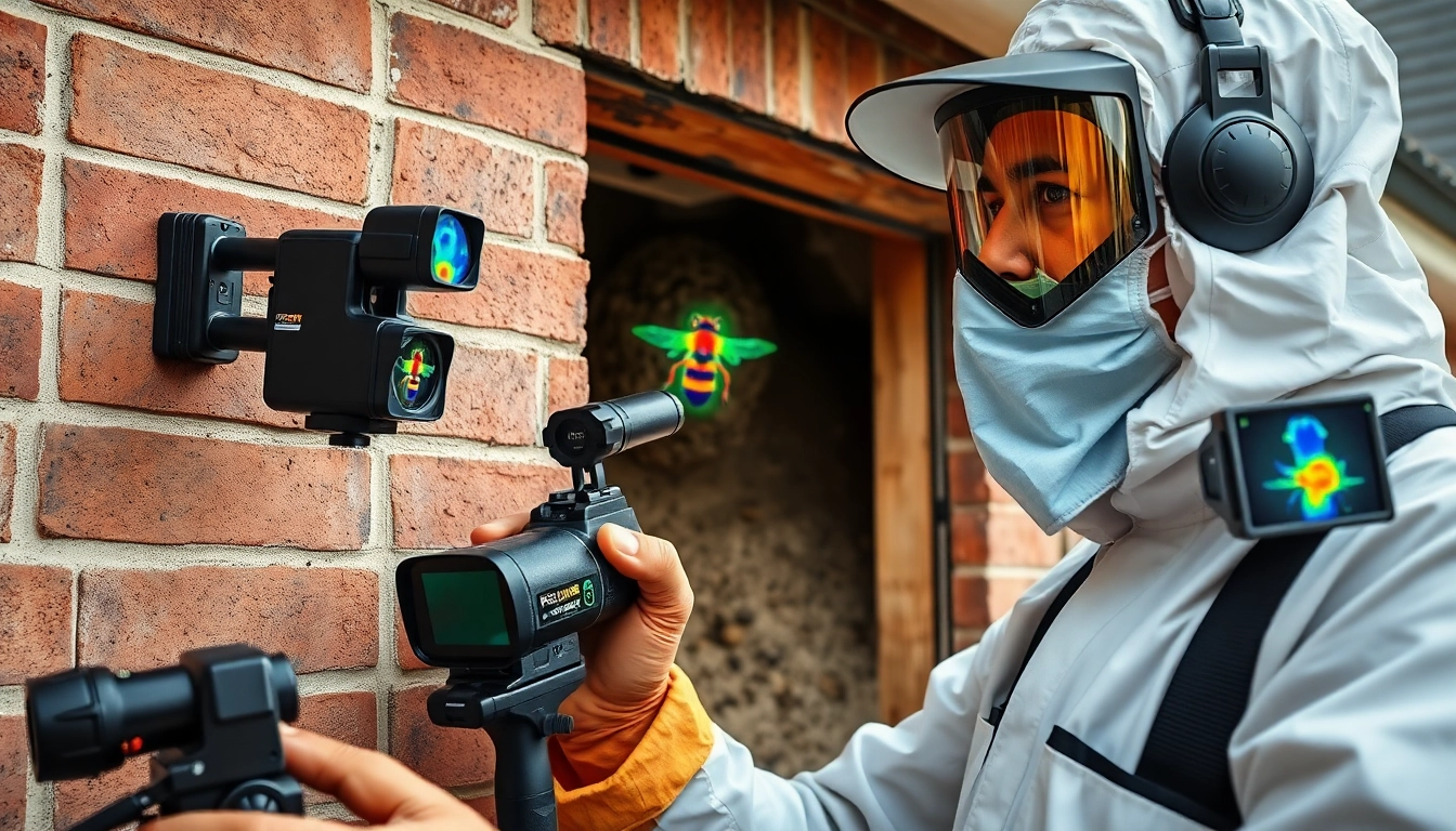 A pest control technician inspecting a wasp nest inside a wall cavity using high-tech equipment in a residential setting.