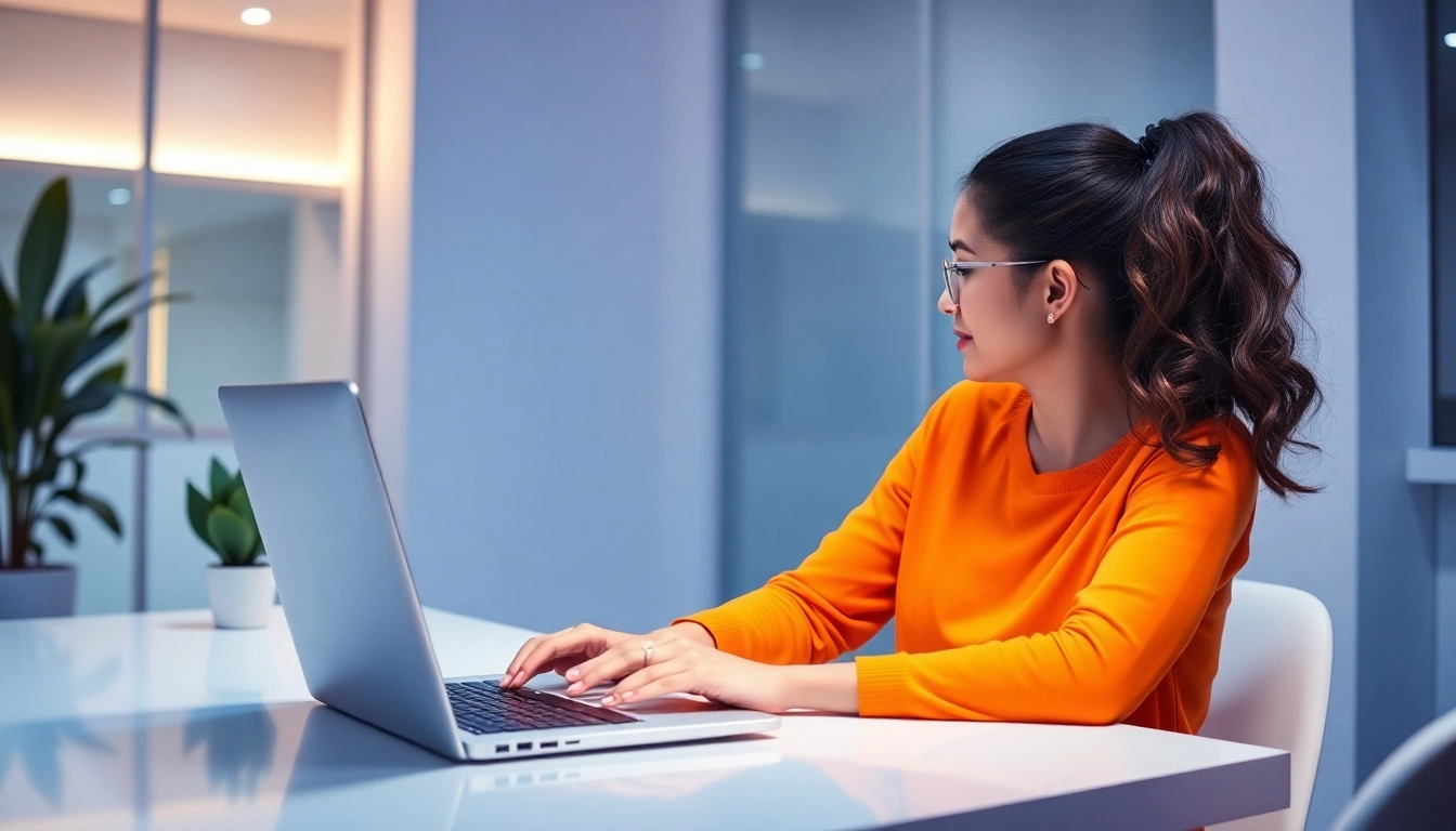 Professional individual in a digital workspace choosing a domain registration on a laptop to