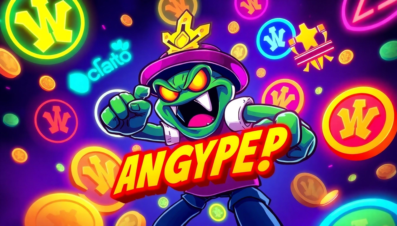 Buy Angry Pepe Coin with bold Pepe mascot amid blockchain and GambleFi symbols, emphasizing