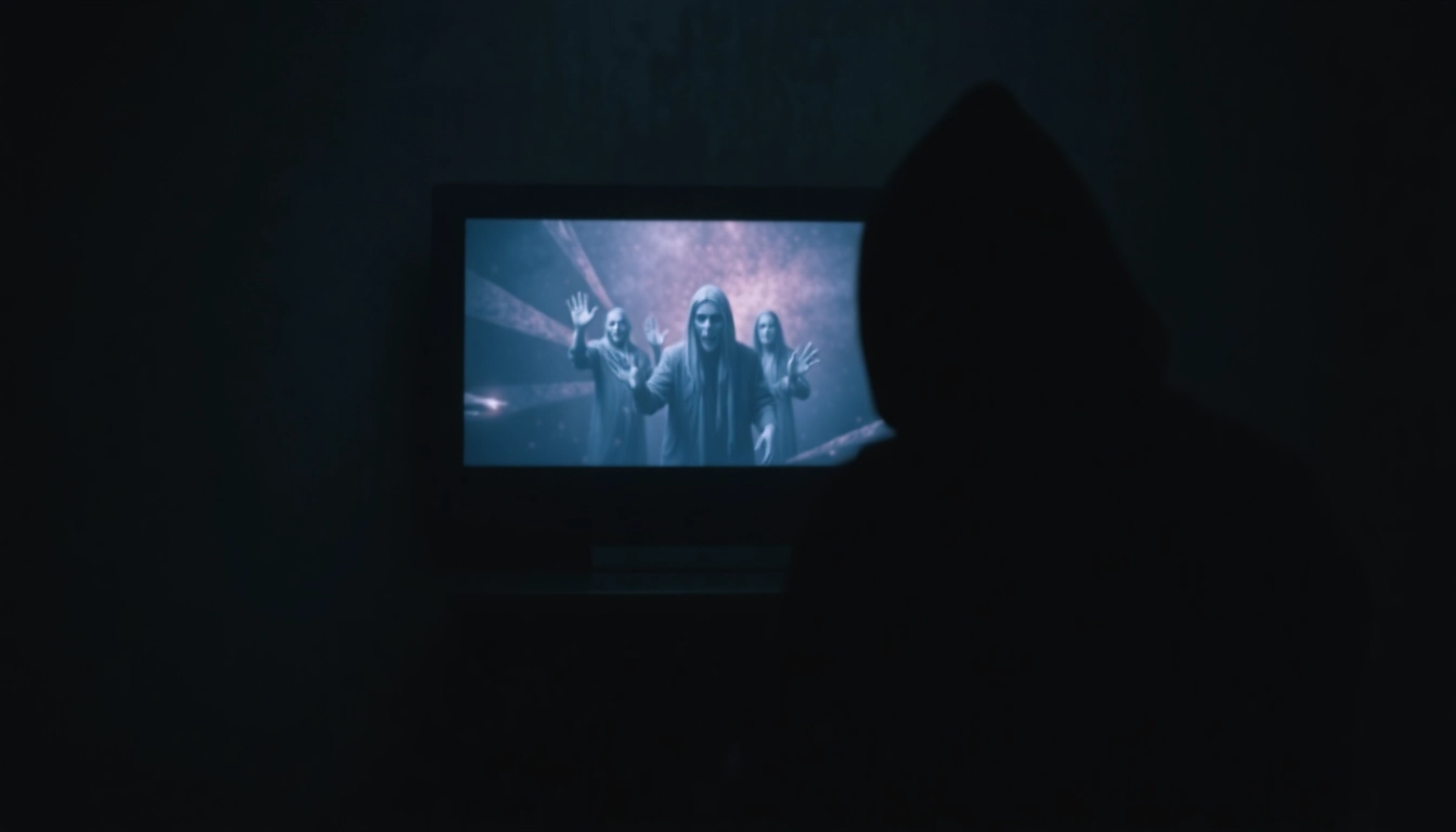 A person watching a horror video on a dark screen, capturing eerie suspense and fear.