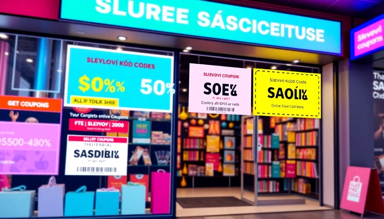 Slevovy kod offers displayed on a computer screen with shopping cart icons and discount tags