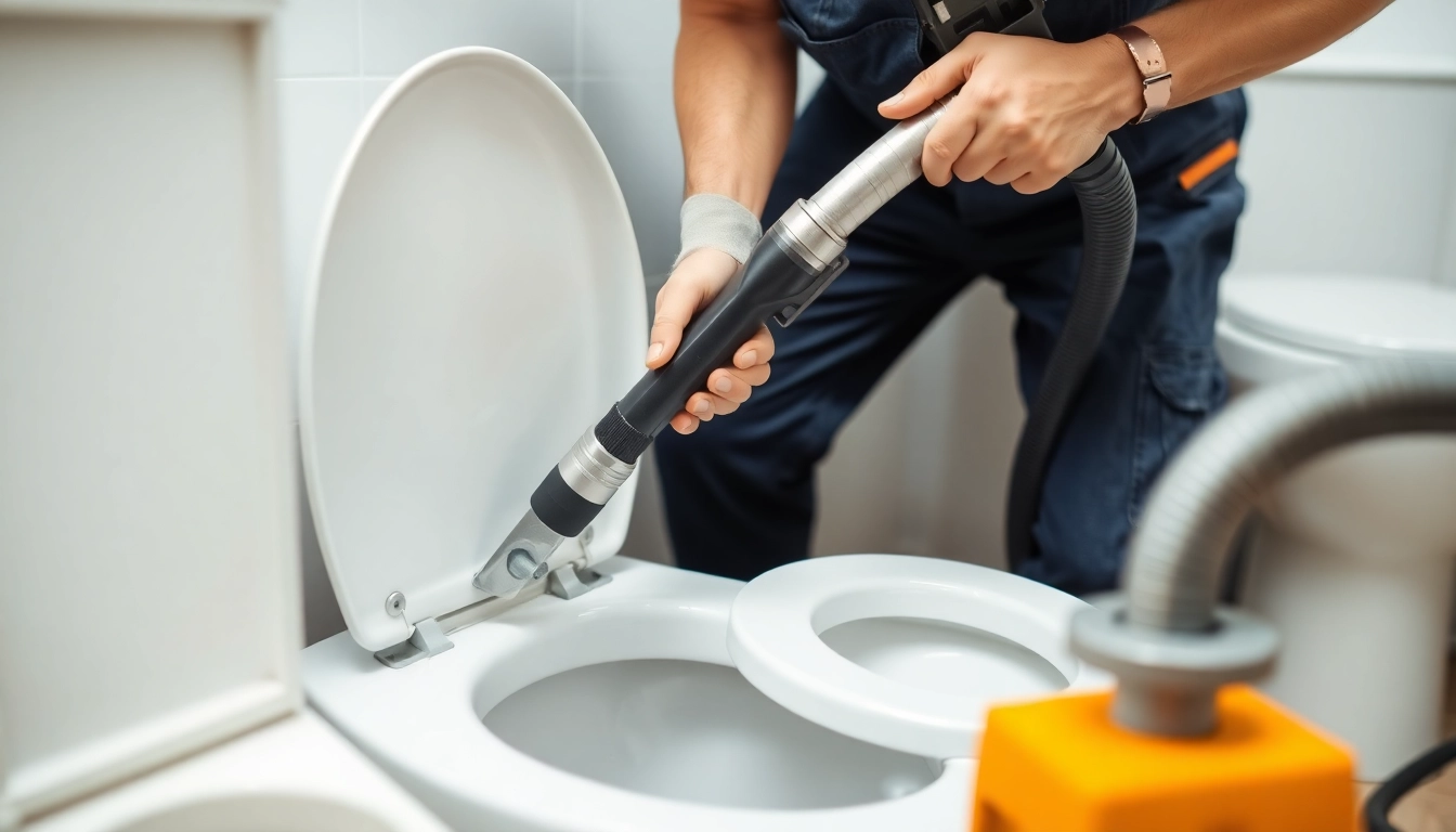 Professional performing service to clear toilet blockage efficiently and safely