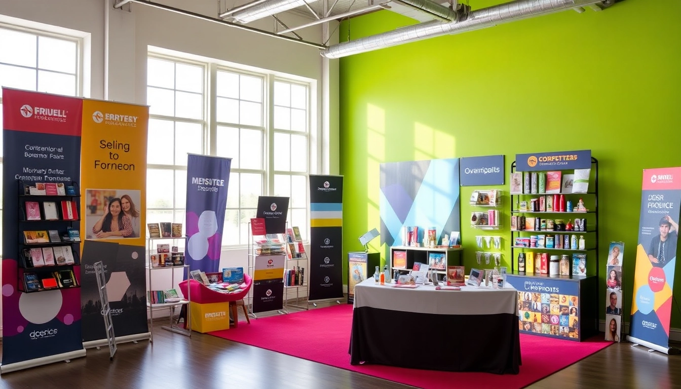 High-quality promotional products in Louisville displayed on a booth with signage and branded
