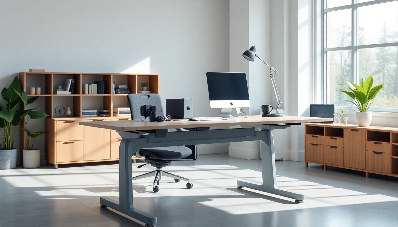 Electric Desk setup with ergonomic accessories in a bright office for productivity and comfort