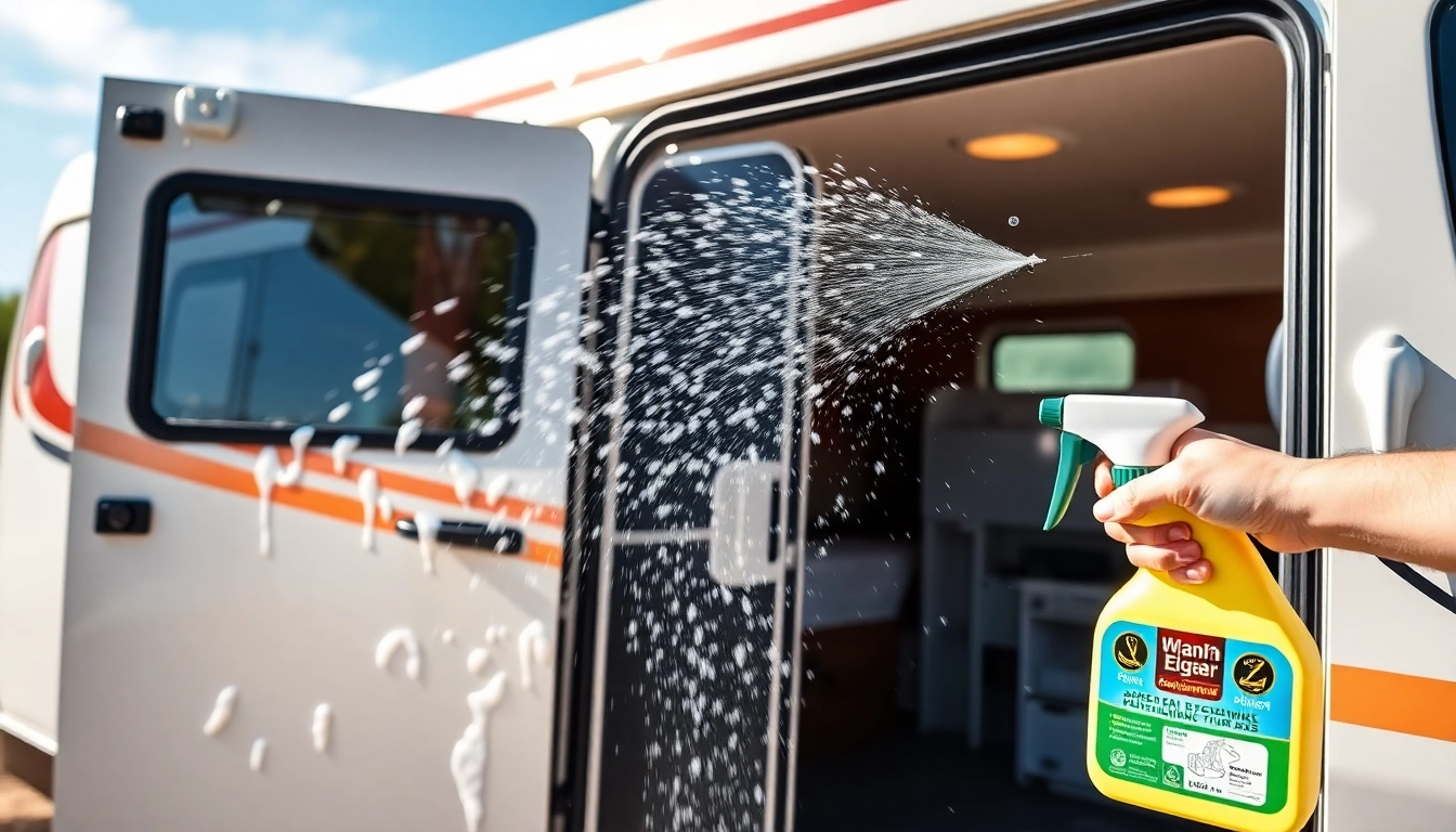 Efficient Wohnmobilreiniger in action cleaning a campervan with foam and water spray,