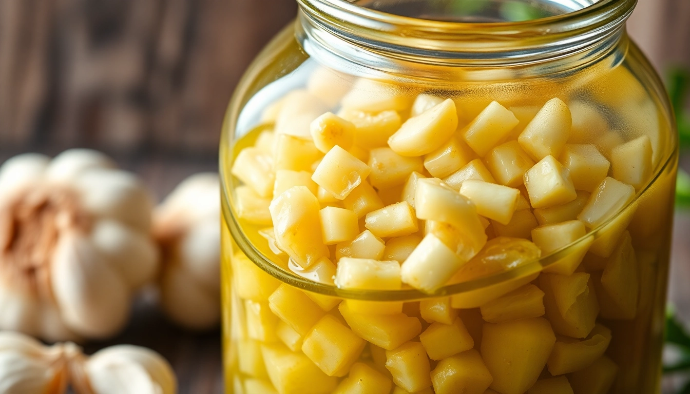 Premium minced garlic in oil ready for use in cooking and recipes, packaged in a transparent