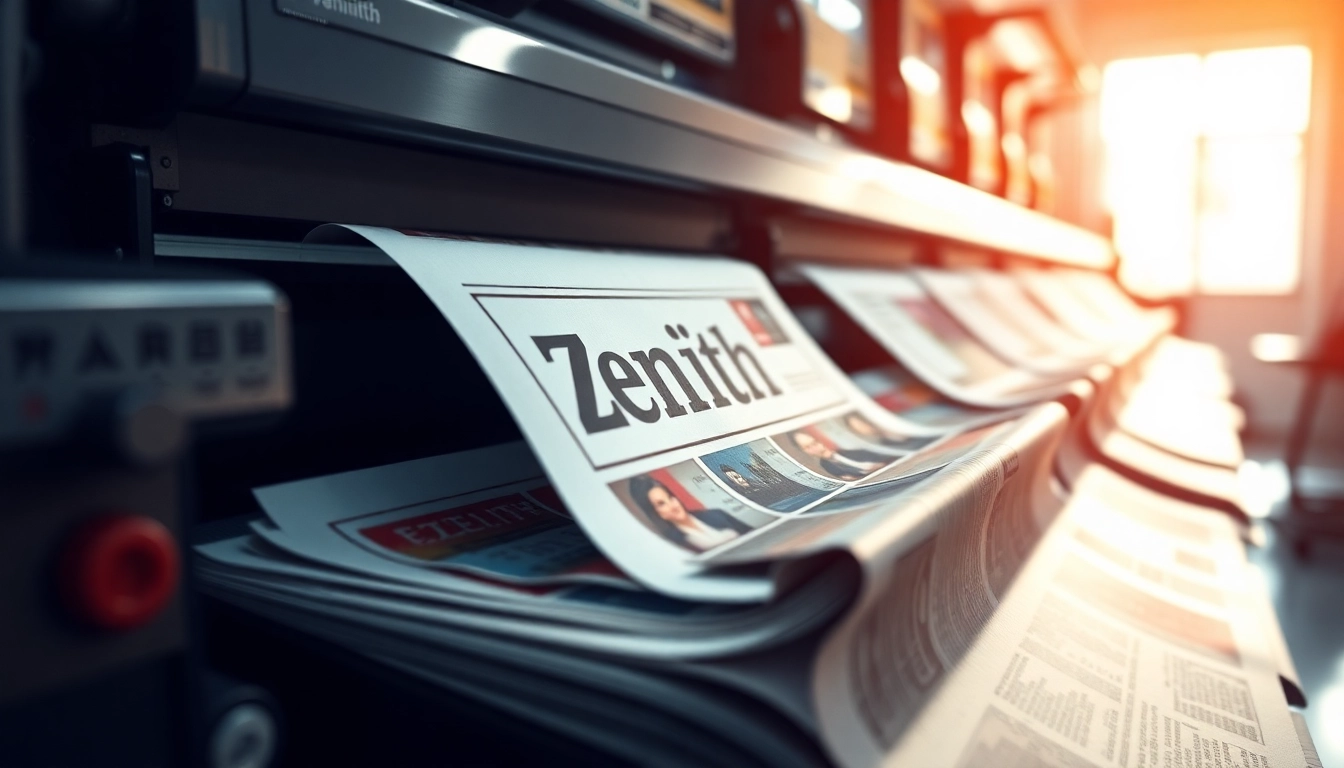 High-quality Zeitung printing process with fresh newspapers emerging from a press, emphasizing